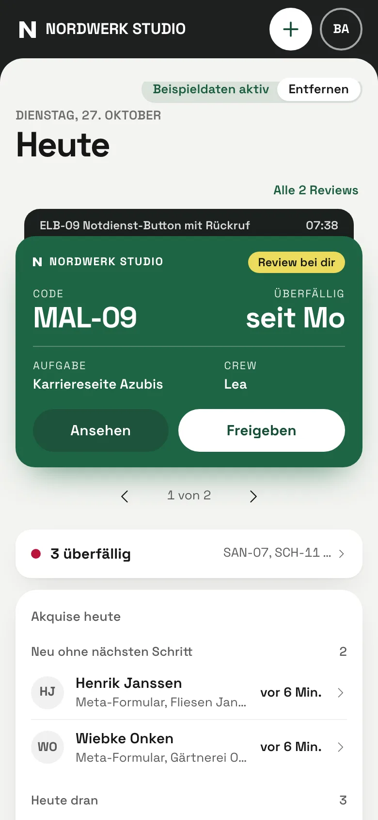 Ansicht Heute im Dashboard einer Agentur: eine Aufgabe wartet auf Freigabe, darunter überfällige Aufgaben und die Akquise.